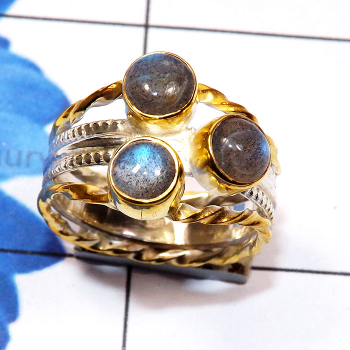 Labradorite Cab D - STR956-Semiprecious Three Gemstone Made in 925 Silver Gold Rhodi