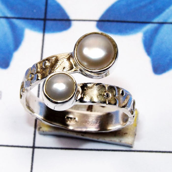 Pearl I - SDR803-Semiprecious Two Gemstone 925 Sterling Silver Adjustable Pearl I - SDR803-Semiprecious Two Gemstone 925 Sterling Silver Adjustable