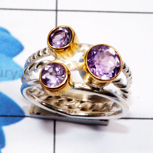 Amethyst Cut A - STR954-Round Shape Cut n Cab Gemstone Three Tone Rhodium Plated