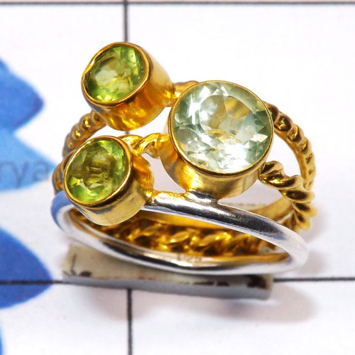 Peridot C - STR954-Round Shape Cut n Cab Gemstone Three Tone Rhodium Plated