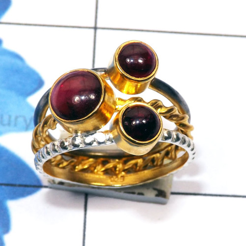 Garnet Cab D - STR954-Round Shape Cut n Cab Gemstone Three Tone Rhodium Plated