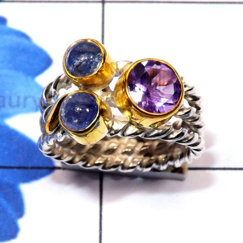 Tanzanite Cab E - STR954-Round Shape Cut n Cab Gemstone Three Tone Rhodium Plated
