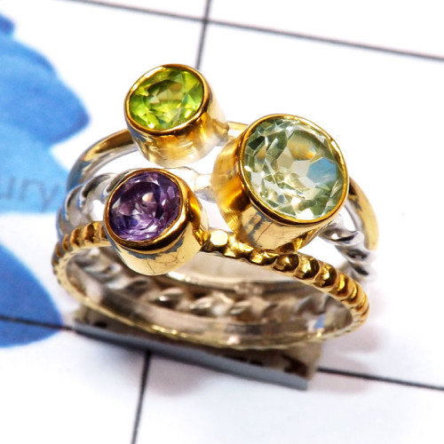 Multi Cut Gemstone O - STR954-Round Shape Cut n Cab Gemstone Three Tone Rhodium Plated