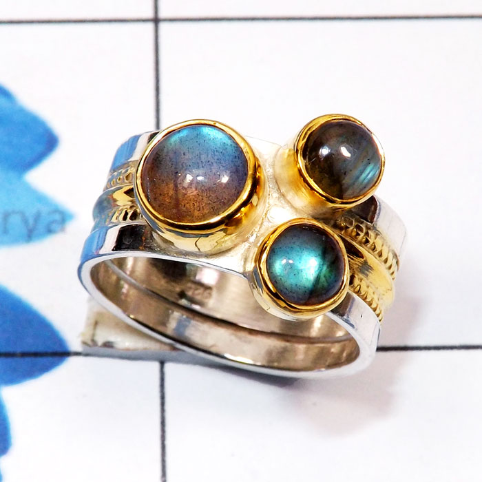 Labradorite Cab B - STR953-Two Tone Rhodium Plated 925 Sterling Silver Cut n Cab Gem Labradorite Cab B - STR953-Two Tone Rhodium Plated 925 Sterling Silver Cut n Cab Gem