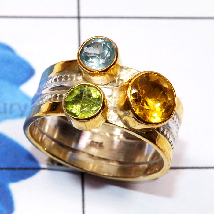 Multi Cut Gemstone D - STR953-Two Tone Rhodium Plated 925 Sterling Silver Cut n Cab Gem