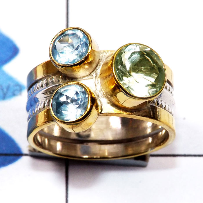 Blue Topaz O - STR953-Two Tone Rhodium Plated 925 Sterling Silver Cut n Cab Gem Blue Topaz O - STR953-Two Tone Rhodium Plated 925 Sterling Silver Cut n Cab Gem
