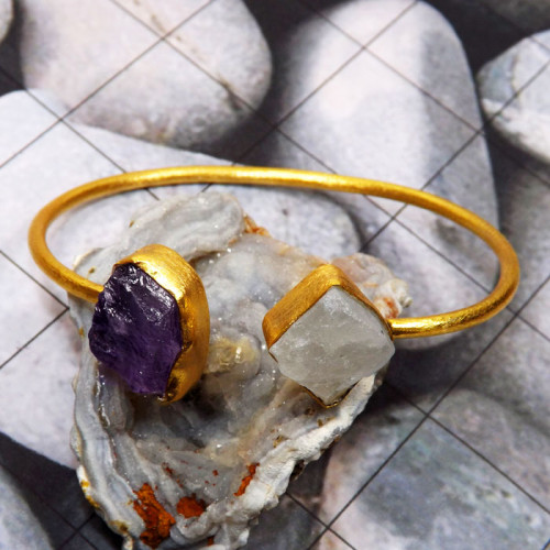 Amethyst n Rainbow Rough B - RGP981-Genuine Rough Gemstone Made in 925 Silver Gold Plated Mat Amethyst n Rainbow Rough B - RGP981-Genuine Rough Gemstone Made in 925 Silver Gold Plated Mat