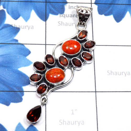 Sponze Coral n Garnet A - SSP969-Cut with Cab Gemstone 925 Sterling Silver Handmade Design