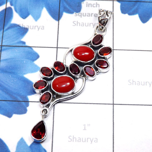 Red Coral n Garnet D - SSP969-Cut with Cab Gemstone 925 Sterling Silver Handmade Design