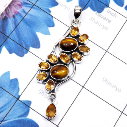 Tiger Eye n Citrine O - SSP969-Cut with Cab Gemstone 925 Sterling Silver Handmade Design
