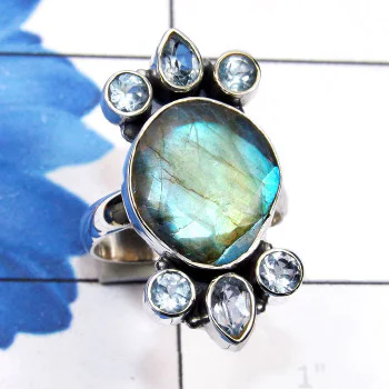 Labradorite Cut n Blue Topaz E - SDR789-Cab with Cut Gemstone 925 Silver Manufacture Handmade Des