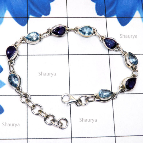 Blue Topaz n Iolite A - SPB916-Blue Topaz with Rainbow Cut, Iolite, Kynite, 925 Silver M