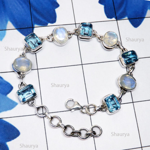 Blue Topaz n Rainbow Cut B - SPB916-Blue Topaz with Rainbow Cut, Iolite, Kynite, 925 Silver M