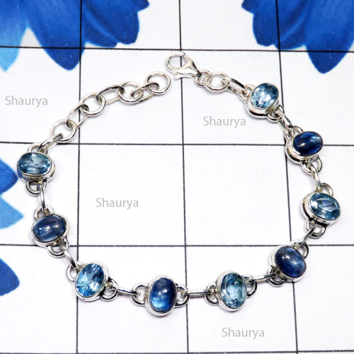 Blue Topaz n Kynite C - SPB916-Blue Topaz with Rainbow Cut, Iolite, Kynite, 925 Silver M