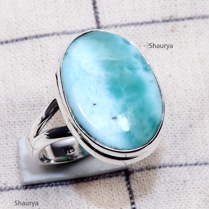 Larimar F - LDS981-Larimar Cab Charm Gemstone Made in 925 Silver Plain Ring