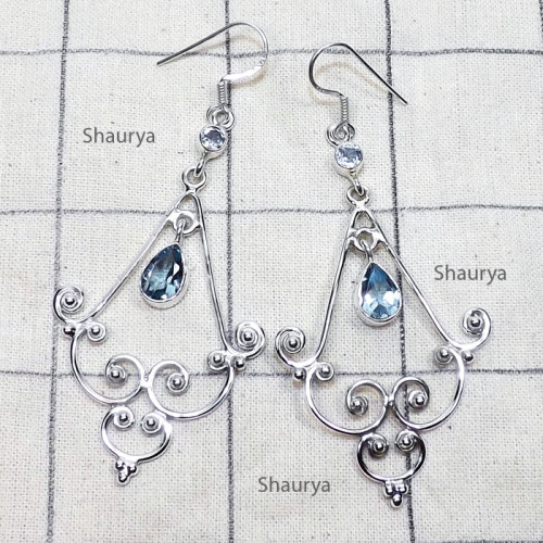 Blue Topaz G - SDE807-Genuine Cut n Cab Gemstone 925 Sterling Silver Handmade D