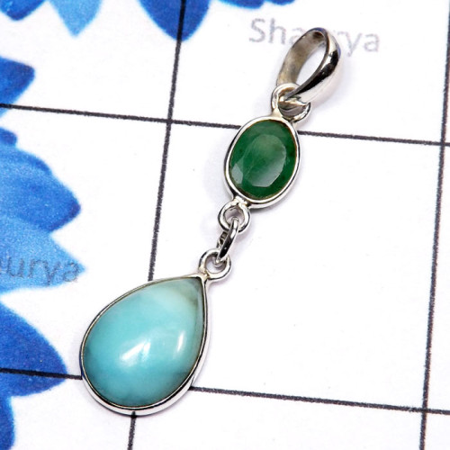 Blue Aragonite, Green Emerald Corundum A - SBA999-Blue Aragonite with Semiprecious Gemstone 925 Sterling Si Blue Aragonite, Green Emerald Corundum A - SBA999-Blue Aragonite with Semiprecious Gemstone 925 Sterling Si
