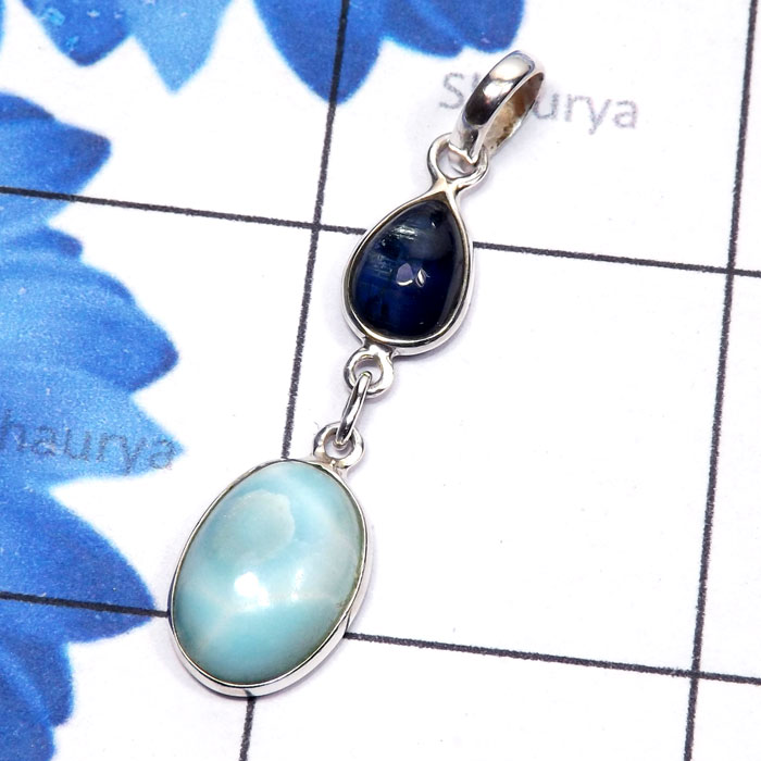 Blue Aragonite, Kynite D - SBA999-Blue Aragonite with Semiprecious Gemstone 925 Sterling Si Blue Aragonite, Kynite D - SBA999-Blue Aragonite with Semiprecious Gemstone 925 Sterling Si