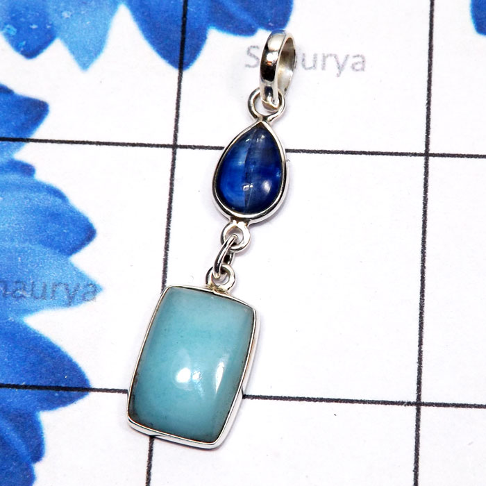 Blue Aragonite, Kynite G - SBA999-Blue Aragonite with Semiprecious Gemstone 925 Sterling Si