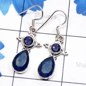 Blue Sapphire Corundum n Iolite C - SDE804-925 Sterling Silver with Cut Gemstone Designer Earring