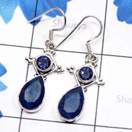 Blue Sapphire Corundum n Iolite C - SDE804-925 Sterling Silver with Cut Gemstone Designer Earring Blue Sapphire Corundum n Iolite C - SDE804-925 Sterling Silver with Cut Gemstone Designer Earring