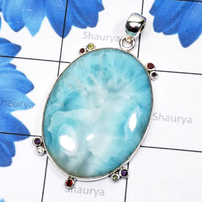 Larimar F - LDS978-Larimar with Cut Gemstone 925 Sterling Silver Huge Pendan Larimar F - LDS978-Larimar with Cut Gemstone 925 Sterling Silver Huge Pendan