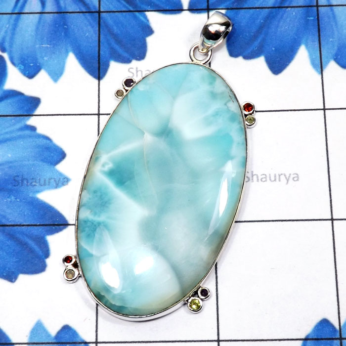 Larimar G - LDS978-Larimar with Cut Gemstone 925 Sterling Silver Huge Pendan Larimar G - LDS978-Larimar with Cut Gemstone 925 Sterling Silver Huge Pendan
