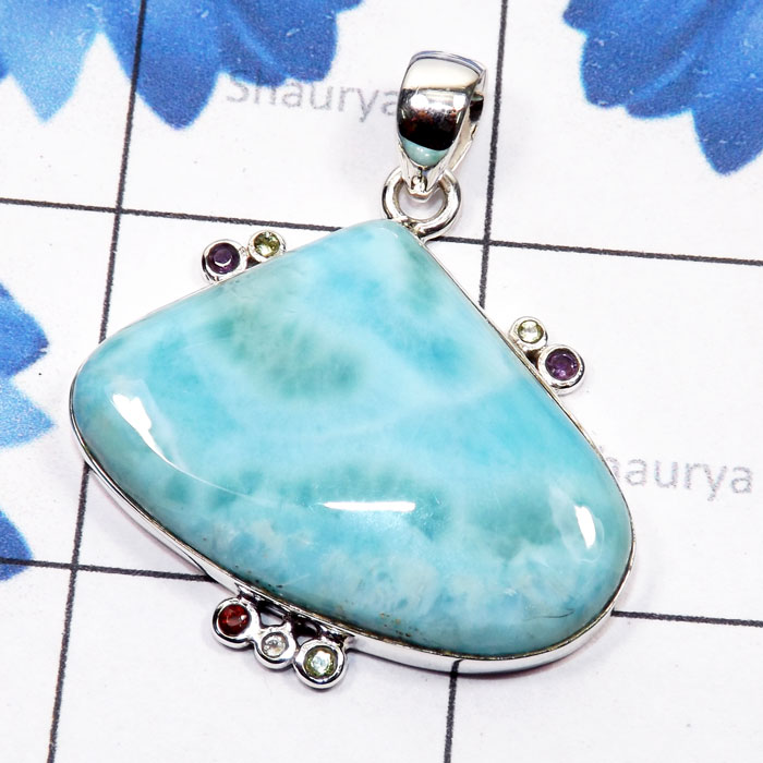 Larimar K - LDS978-Larimar with Cut Gemstone 925 Sterling Silver Huge Pendan Larimar K - LDS978-Larimar with Cut Gemstone 925 Sterling Silver Huge Pendan