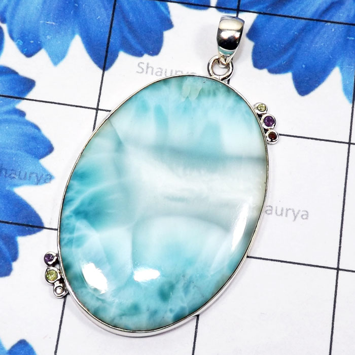 Larimar O - LDS978-Larimar with Cut Gemstone 925 Sterling Silver Huge Pendan Larimar O - LDS978-Larimar with Cut Gemstone 925 Sterling Silver Huge Pendan