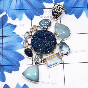 Blue Aragonite, Titanium Druzy B - SBA994-Blue Aragonite with Semiprecious Cut n Cab Gemstone 925 S