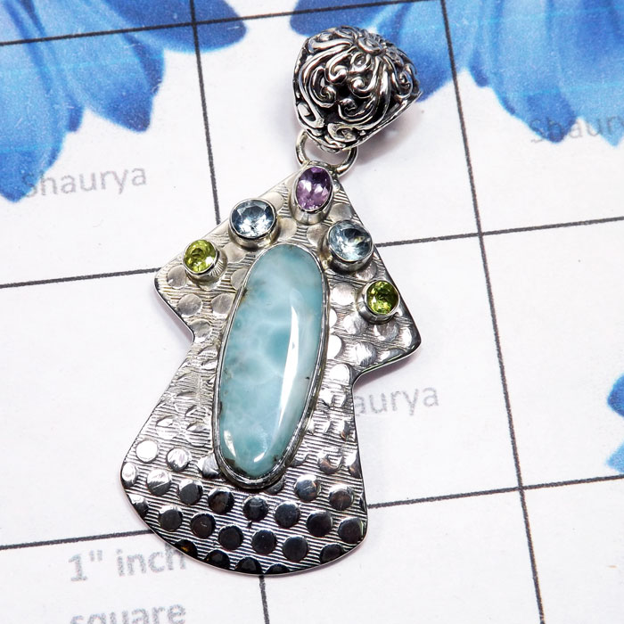 Larimar F - LDS976-Larimar with Semiprecious Cut Gemstone 925 Sterling Silve Larimar F - LDS976-Larimar with Semiprecious Cut Gemstone 925 Sterling Silve
