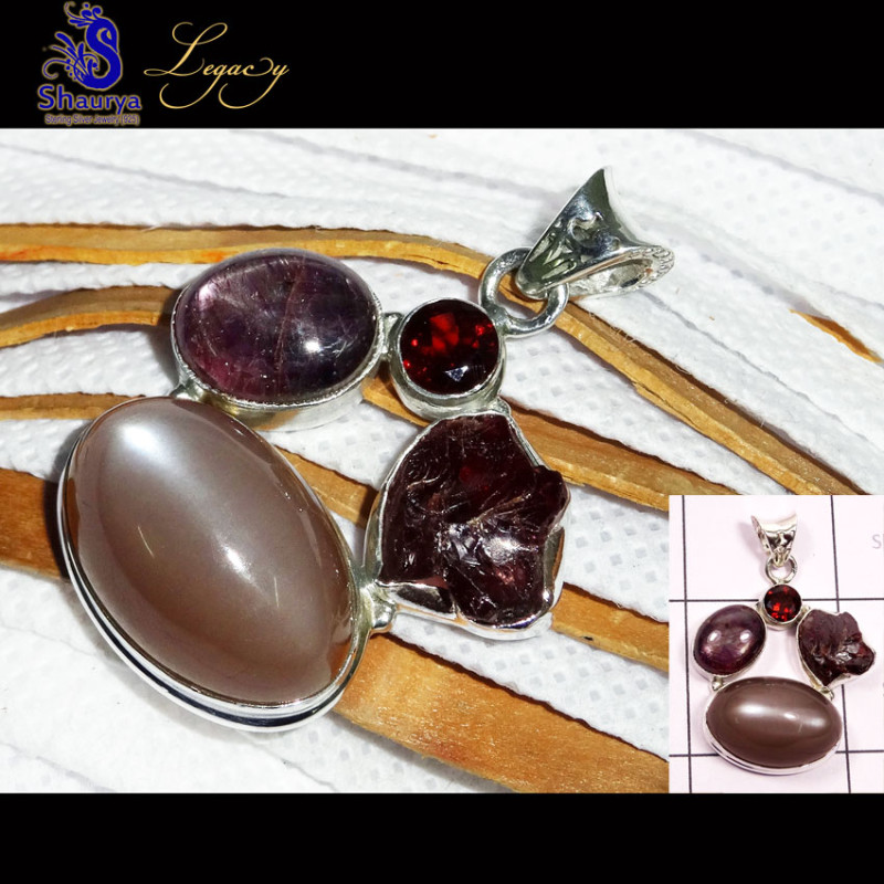 Cats Eye, Star Ruby, Garnet Rough E - WFJ957-925 Sterling Silver Cats Eye with Kynite Rough, Citrine Cats Eye, Star Ruby, Garnet Rough E - WFJ957-925 Sterling Silver Cats Eye with Kynite Rough, Citrine