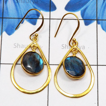 Labradorite Cut E - SGE953-925 Sterling Silver Gold Plated Vermeil Earring with Semi Labradorite Cut E - SGE953-925 Sterling Silver Gold Plated Vermeil Earring with Semi