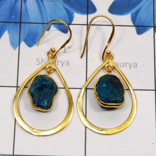 Apatite Rough G - SGE953-925 Sterling Silver Gold Plated Vermeil Earring with Semi Apatite Rough G - SGE953-925 Sterling Silver Gold Plated Vermeil Earring with Semi