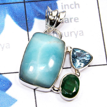 Blue Aragonite, Emerald O - SBA990-925 Silver Manufacturer Blue Aragonite with Semiprecious