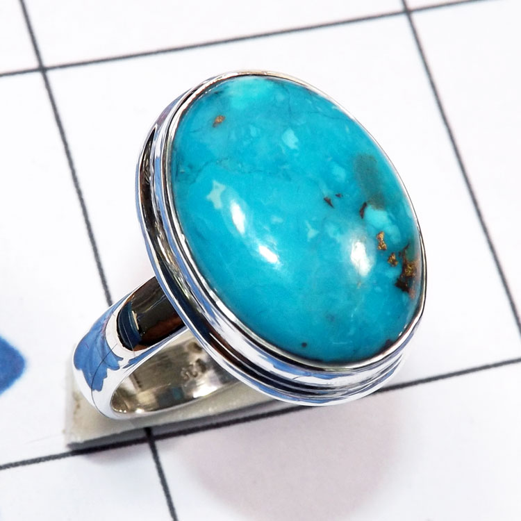 Blue Turquoise F - PSR871-Genuine Cab Gemstone 925 Silver Handmade Plain Ring