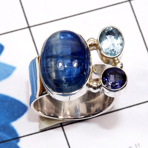 Kynite, Iolite E - CLR949-Tanzanite, Iolite, Kynite, Blue Topaz 925 Silver Cluster