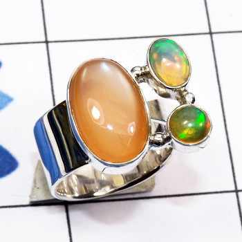 Shattuckite, Peachmoonstone, Ethiopian Opal, Larimar, Aragonite Blue, 925 Silver Cluster Ring CLR948