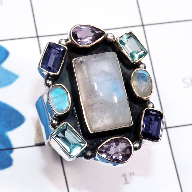 Rainbow Moonstone, Cut Gemstone A - CLR946-Semiprecious Gemstone 925 Sterling Silver Adjustable Clus Rainbow Moonstone, Cut Gemstone A - CLR946-Semiprecious Gemstone 925 Sterling Silver Adjustable Clus