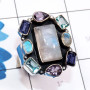 Rainbow Moonstone, Cut Gemstone A - CLR946-Semiprecious Gemstone 925 Sterling Silver Adjustable Clus