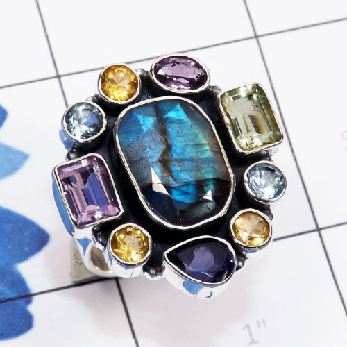 Labradorite Cut, Cut Gemstone H - CLR946-Semiprecious Gemstone 925 Sterling Silver Adjustable Clus Labradorite Cut, Cut Gemstone H - CLR946-Semiprecious Gemstone 925 Sterling Silver Adjustable Clus