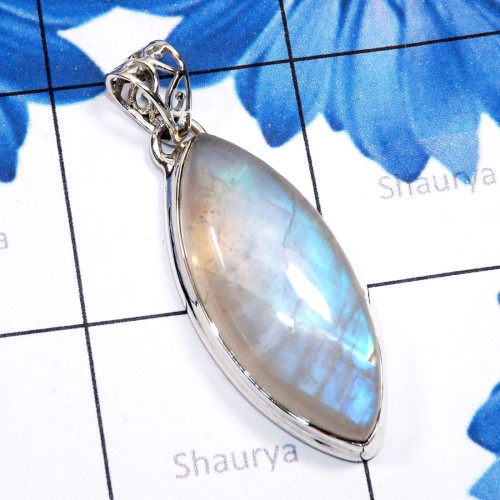 Rainbow Moonstone Cab F - ISP841-Sterling Silver Rainbow Moonstone Cab Plain Stunning Pend