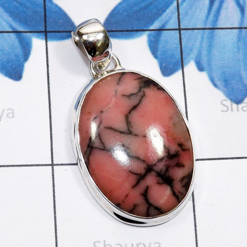 Rhodonite B - ISP839-Semiprecious Gemstone 925 Sterling Silver Plain Pendant