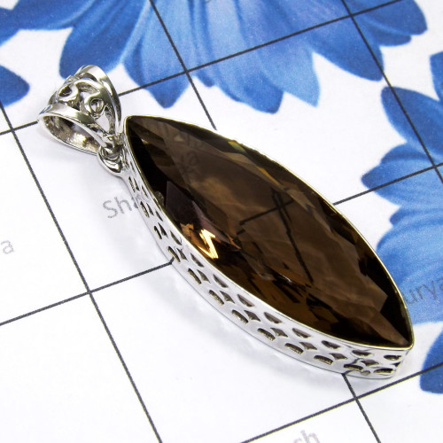 Smokey Quartz C - SD719-Wholesale 925 Silver Large Smokey Quartz Pendant