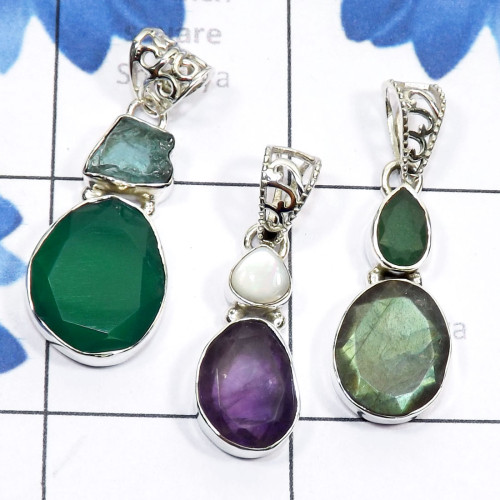 3 Pcs Multi Cut Gemstone F - SVP851-Genuine Gemstone 925 Sterling Silver 3 Pcs Wholesale Pend 3 Pcs Multi Cut Gemstone F - SVP851-Genuine Gemstone 925 Sterling Silver 3 Pcs Wholesale Pend
