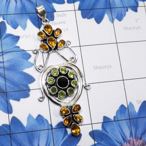 Multi Cut Gemstone A - CMJ926-925 Sterling Silver Semiprecious Gemstone Designer Pendan Multi Cut Gemstone A - CMJ926-925 Sterling Silver Semiprecious Gemstone Designer Pendan