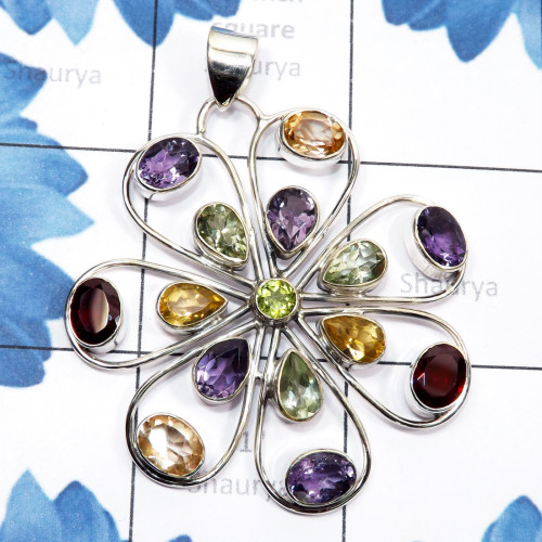 Multi Cut Gemstone C - CMJ926-925 Sterling Silver Semiprecious Gemstone Designer Pendan Multi Cut Gemstone C - CMJ926-925 Sterling Silver Semiprecious Gemstone Designer Pendan