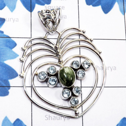 Seraphinite, Blue Topaz F - CMJ926-925 Sterling Silver Semiprecious Gemstone Designer Pendan Seraphinite, Blue Topaz F - CMJ926-925 Sterling Silver Semiprecious Gemstone Designer Pendan