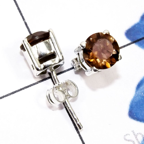 Smokey Cut E - SSE969-6mm Round Faceted Semiprecious Gemstone 925 Sterling Silv