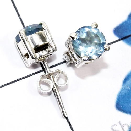 Blue Topaz F - SSE969-6mm Round Faceted Semiprecious Gemstone 925 Sterling Silv Blue Topaz F - SSE969-6mm Round Faceted Semiprecious Gemstone 925 Sterling Silv